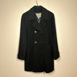 Marvin Richards Coat Women Medium Black Camel Hair Double Breasted Peacoat USA
